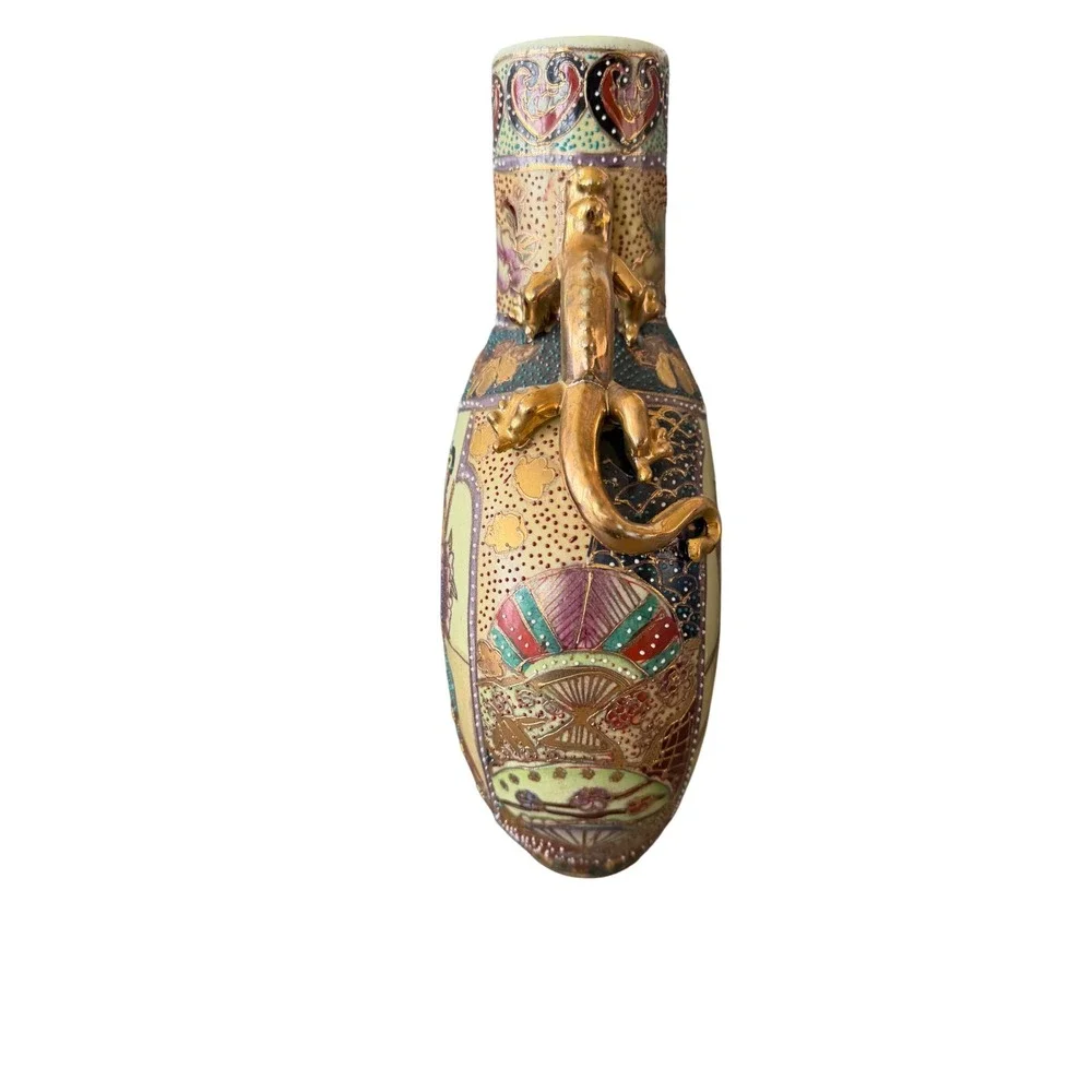 Royal Satsuma Hand Painted Moon Flask Vase‎ Gold Lizard Handles Geisha 10 inch
